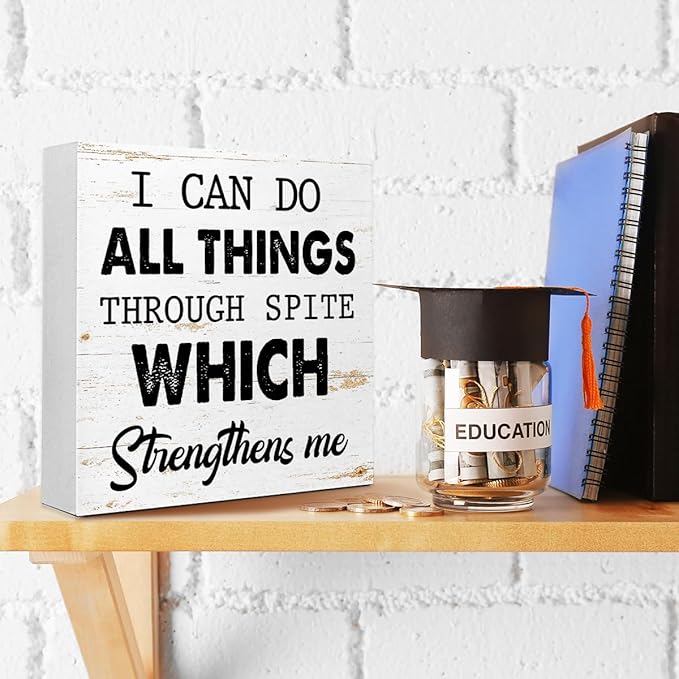 WUZYOU I Can Do All Things Through Desk Sign Wood Block Decor, Inspirational Office Wood Box Sign, Motivational Desk Accessories for Women Office Shelf 5x5x1 INCH