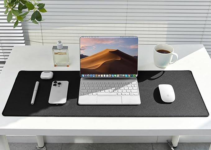 ALOANES Black Waterproof Desk Mat, Large Mouse Pad with Extended Mouse Mat, with Anti Slip Base, Stitched Edge, Grain Jacquard Surface, Perfect for Gamer, Office & Home, 3XL 15.74''x35.43''x0.12''