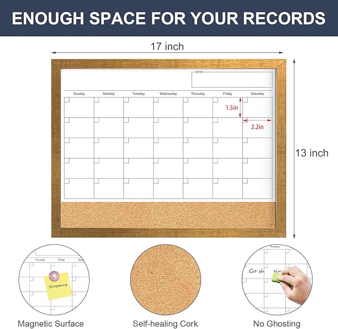Calendar Whiteboard for Wall, 17x13 Inches White Board Calendar Dry Erase, Small Magnetic Monthly White Board with Gold Wood Frame, Hanging Dry Erase Board for Kitchen Home Office School Planner