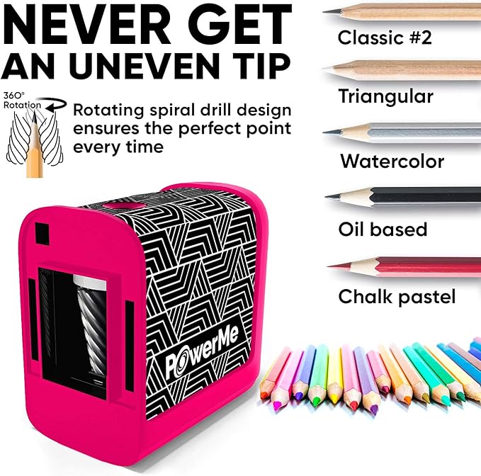 POWERME Electric Pencil Sharpener - Pencil Sharpener Battery Powered for Kids, School, Home, Office, Classroom, Artists – Battery Operated Pencil Sharpener For Colored Pencils, Ideal For No. 2 (Pink)