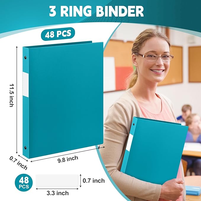Henoyso 48 Pcs 3 Ring Binder 0.5 Inch Round Fits Letter Size 8.5'' x 11'' Paper Plastic Flexible Binder Bulk Holds 140 Sheets with 1 Pockets Versatile Organizer for Home Office School (Turquoise)