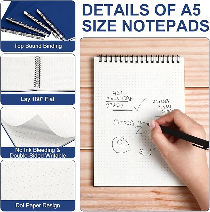 Engrowtic Dot Grid Notebook Top Spiral Notebook A5 Size Bullet Dotted Paper Hardcover Dot Journal 8.3''x 5.8'' 140 Pages Spiral Notepads for Sketching Drawing Writing School Office (Dark Blue,2 Pcs)