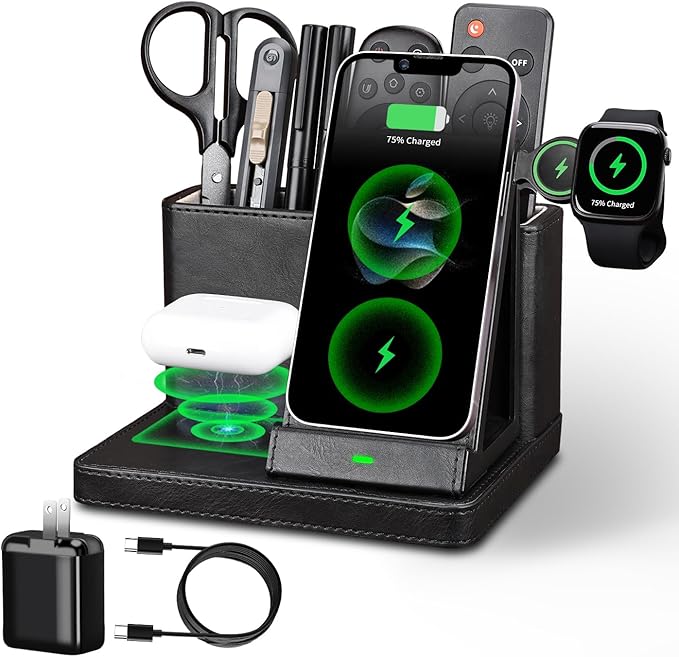 LADSTAG Desk Organizer with Phone Charger,Nightstand Desktop Organizer,Office Supplies Desk Accessories,Pen Holder Remote Control Holder,Black Leather Organizer With Charging Station (black)