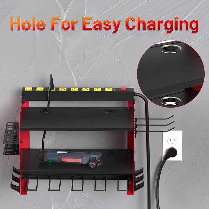 CFMASTER Power Tool Organizer Wall Mount wtih Charging Station,4 Drill Holder Wall Mount with 8 Outlet Power Strip,3 Layers Heavy Duty Tool Rack with Hooks,Screwdriver Organizer in Workbench,Garage