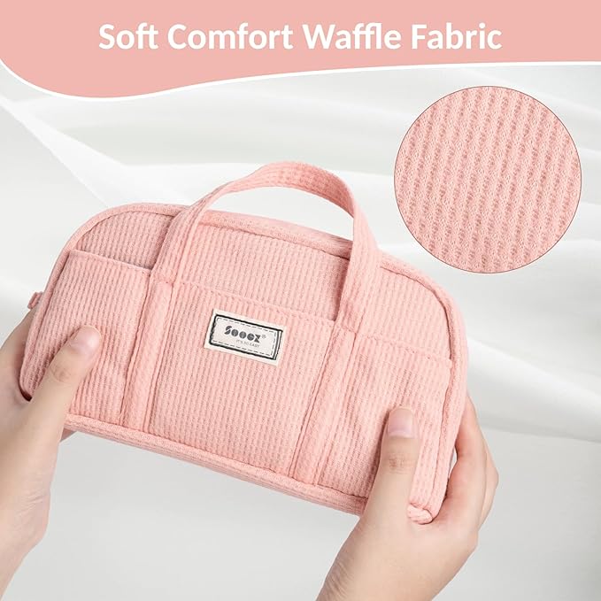 Sooez Large Pencil Case Pouch, Extra Big Pencil Bag with 5 Compartments, Pen Bag Wide Opening, Soft Waffle Pencil Pouch Organizer with Zipper, Cute Aesthetic School Supplies for Girls-Pinkish Orange
