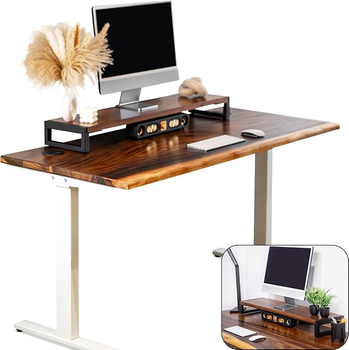Standing Desk with Monitor Stand – Walnut Solid Wood Desk, Natural Live Edge, Adjustable Height Dual Motor, Sit Stand for Home Office (White, W60 x D27)