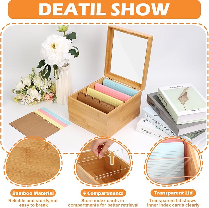 4x6 Index Card Holder with Dividers Bamboo Index Card Organizer Box 4 Compartments Flash Cards Holder with Lid 150 Index Flash Cards 25 Index Cards Dividers 2 Letter Smile Stickers for Office Business