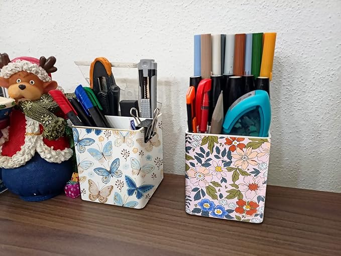 LEAZUL Pen Pencil Holder, Makeup Brush Holder,Ceramic Remote Control Holders Organizer with 2 Compartment Floral Multi-functional Office Organizers Storage Caddy Desk Tv Remote Holders Pink Flowers