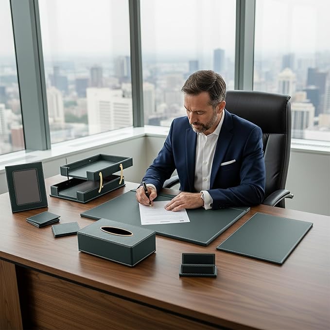 RitPin Desk Set, 11-Piece All-in-One – Executive Desk Accessories & Office Supplies, Leather Desk Organizer with Desk Pad & Blotter, 2-Tier Letter Tray, Luxury Office Desk Decor & Boss Gifts (Green)