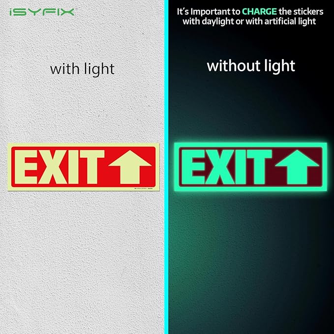 iSYFIX Exit Stickers Signs with Directional Up Arrow 12 Pack 12x4 Inch - Glow in the Dark Photoluminescent Vinyl for Office, School, Business, Warehouse - UV & Weather Resistant for Indoor/Outdoor Use
