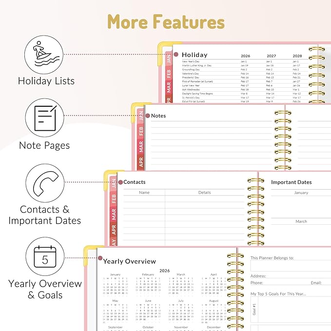 Forvencer 2026 Planner, Hardcover Calendar Planner Weekly and Monthly, Jan 2026 - Dec 2026, 8.5" x 11", Spiral Daily Organizer for Home School, Pink