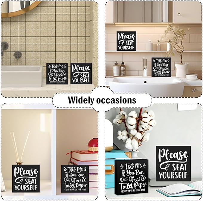 2 PCs Funny Bathroom Decor, Humor Bathroom Decorations Bathroom Accessories, Rustic Farmhouse Bathroom Black Wooden Box Sign, Toilet Restroom Washroom Home Shelf Desk Decor Wooden Block Plaques Signs
