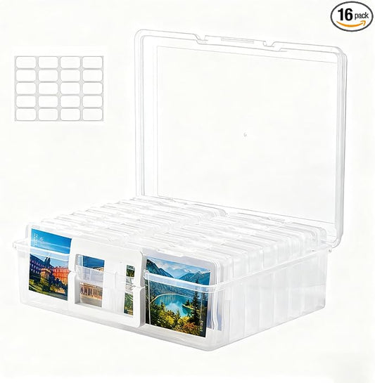 Haundry Photo Storage Box with 16 Inner 4" x 6" Photo Case, Portable Storage Organizer with Handle Craft Keeper for Picture, Stickers, Stamps, Screws, Hair Clips, Clear