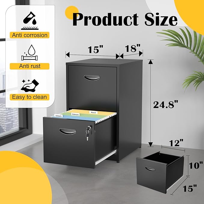 SteeLoong 2 Drawer File Cabinets,Metal Office File Cabinet with Lock,Black Filing Cabinets for Home Office,Vertical Modern File Cabinet Office Two Drawers for Hanging Letter,Assembly Required