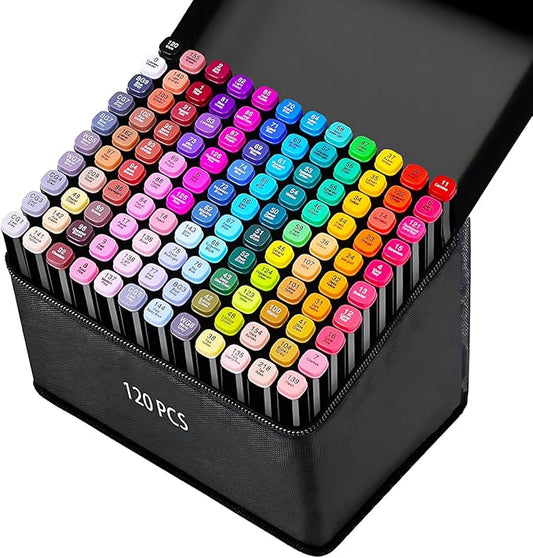DRAWNICEST 120 Colors Alcohol Markers, Dual Tip Permanent Art Markers with Black Suitcase, For Adults Coloring, Sketching, Card Making and DIY Patinting