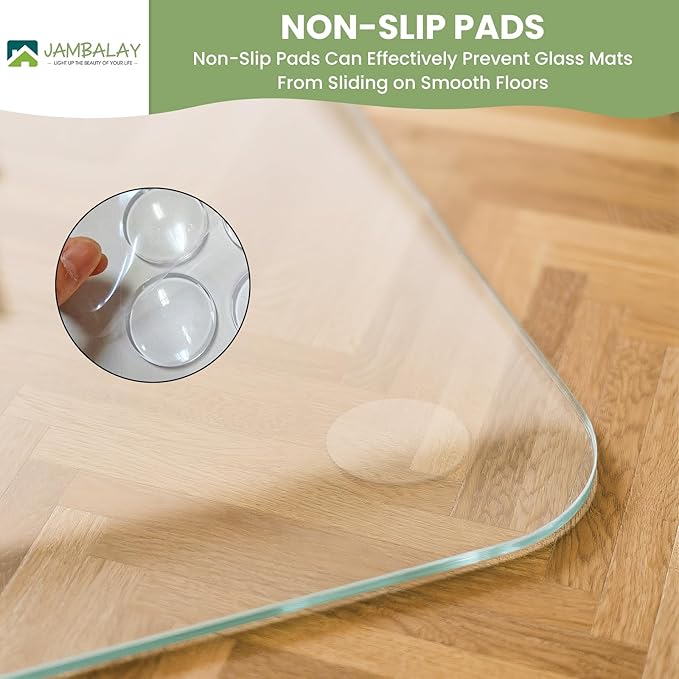 JAMBALAY 46″×36″ Tempered Glass Floor Mat, Heavy Duty Glass Office Chair Mat for Carpets or Hard Floors, Carpet Floor Mats with 12 Non Slip Pads for Easy Roll On, Thick 1/5″