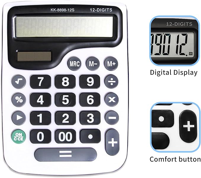 YEBMoo 12 Digit Desktop Calculator with Large LCD Display and Sensitive Button, Dual Solar Power and Battery, Standard Function for Office (YE8898)