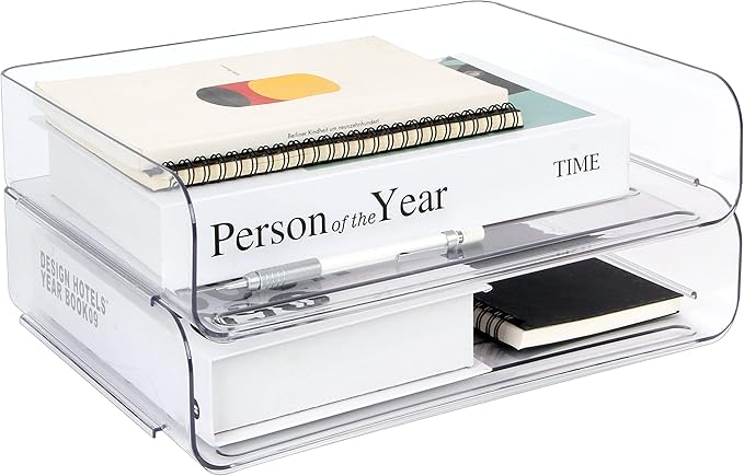 Zyners 2 Pack Stackable Desk Letter Paper Tray, A4 Clear Plastic Desk File Organizer Letter Tray, Desktop File Paper Organizer with Anti-Skid Design for Office Desktop
