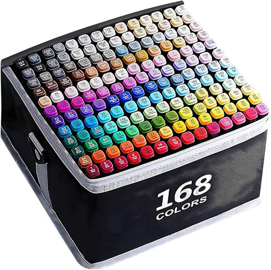 VIDIMAKPRO Alcohol Markers 168 Colors with Base Dual Tip Art Drawing Markers for Kids Students and Adults Comics Sketching Illustration - Refillable