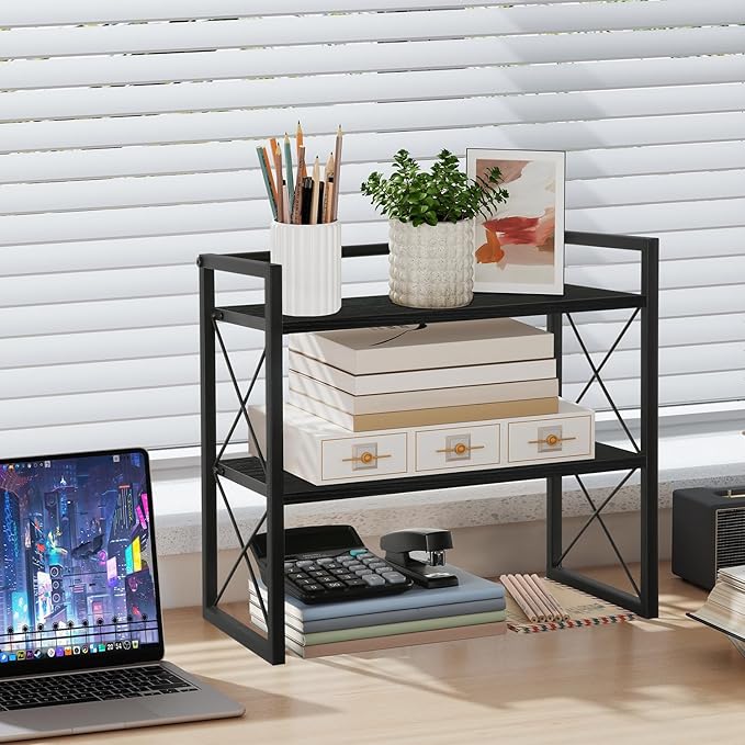 YINMIT Desktop Shelf Organizer, 2 Tier Office Shelves, Wood Desk Organizer Storage Rack and Freestanding Display Shelf for Office, Dormitory, Home(Black)