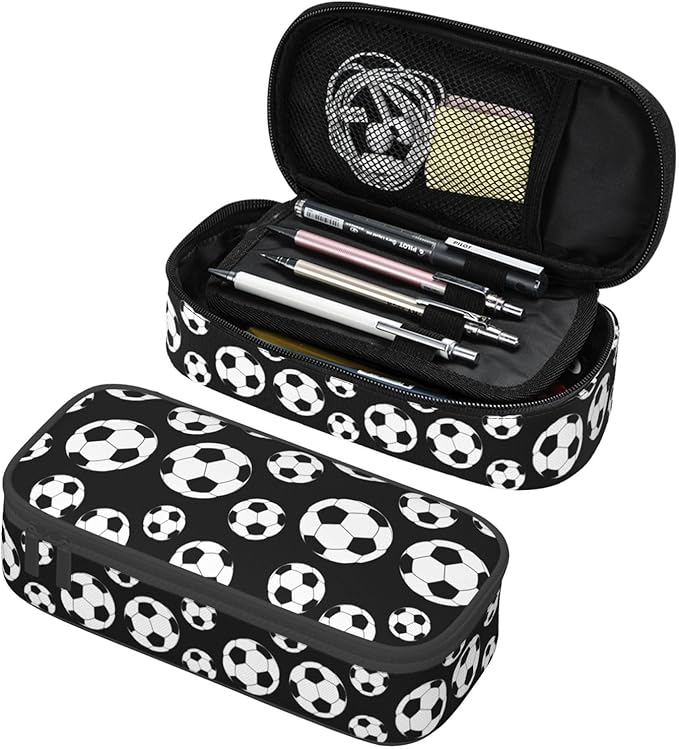 Black And White Soccer Ball Pencil Case Big Capacity Storage Pencil Pouch Stationery Bags With Zipper Portable Pen Holder Box Organizer For Boys Girls Teens Student College School Office Supplies