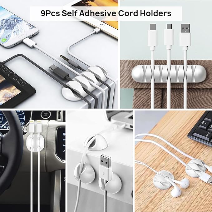 Ditar 193 PCS Cable Management Kit - 4 Cable Sleeve, 57 Self Adhesive Cable Clips, 12 Hanging Strips, 12 Cable Organizer Straps and 100 Fastening Cable Ties for TV Computer Under Desk (White)