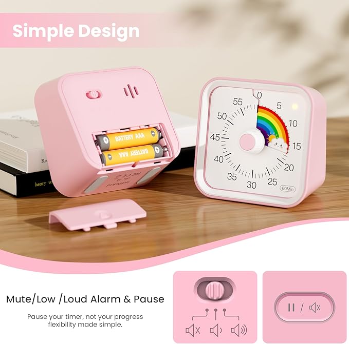 Visual Timer for Kids with Pause Function, Cute Silent Timer with Rainbow for Classroom, Teaching, Task, Kitchen, 60 Minute Countdown Time Management for ADHD (Rainbow Pink)
