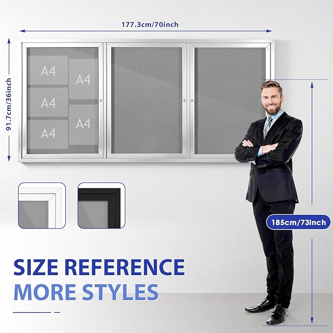 SWANCROWN Weather Resistant Enclosed Bulletin Board Gray Fabric Displays Boards Wall Mounted Notice Cabinet with Three Locking Doors, 70x36 inches