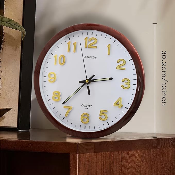 Oxmidud Glow in The Dark 3D Numerals Wall Clock，12 Inch Retro Silent Non-Ticking Battery Operated Easy to Read Vintage Analog Clocks for Living Room Kitchen Office Bedroom Decor