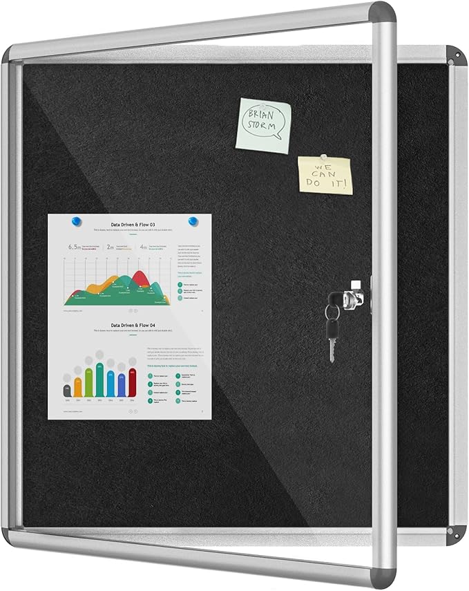 Mifuro 28"x26" Enclosed Bulletin Board, Lockable Weather-Resistant Aluminum Cork Noticeboard for School & Office, Silver Frame w/Black Flet