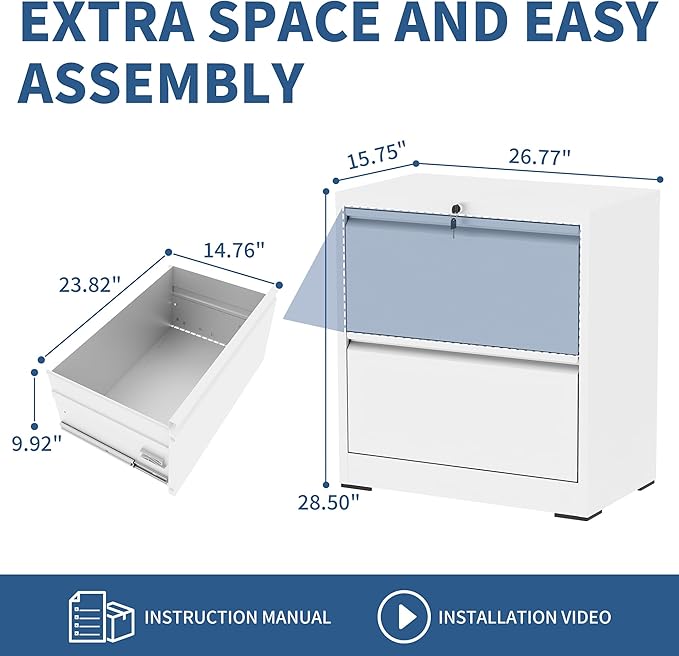 FLIXELIO 2 Drawer File Cabinet with Lock, White Metal Lateral Filing Cabinets for Home Office, Heavy Duty Steel Horizontal Locking Storage Cabinet for Legal/Letter/A4 Size File, Assembly Required