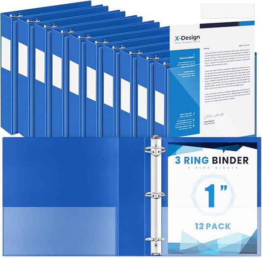 Henoyso 12 Pcs 3 Ring 1 Inch Binders Fits 8.5 x 11 Inch Letter Size Paper, Plastic Blue Flexible Binders with View Cover and 2 Pockets, 175 Sheets Capacity for Office School