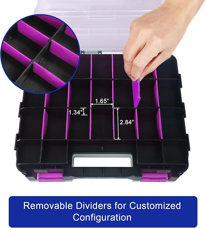 Tools Organizer Box Small Parts Storage Box 50-Compartment Double Side Hardware Organizers with Removable Plastic Dividers for Screws, Nuts, Nails, Bolts, Purple