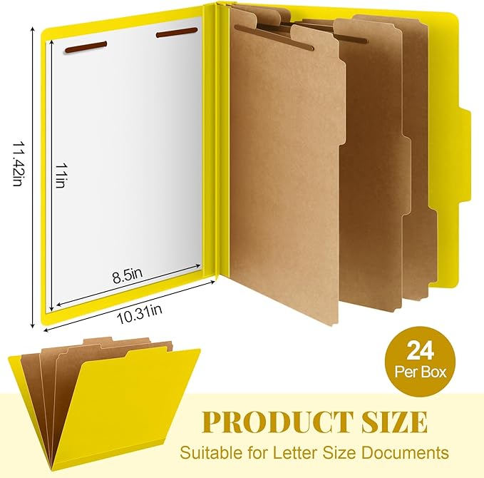 Skyygemm 24 Pcs Classification Folders Letter Size, 3 Divider Pressboard File Folder with Fasteners, Expanding File Organizer Bulk for School Teachers, Office Employee, Coworker, Staff (Yellow)