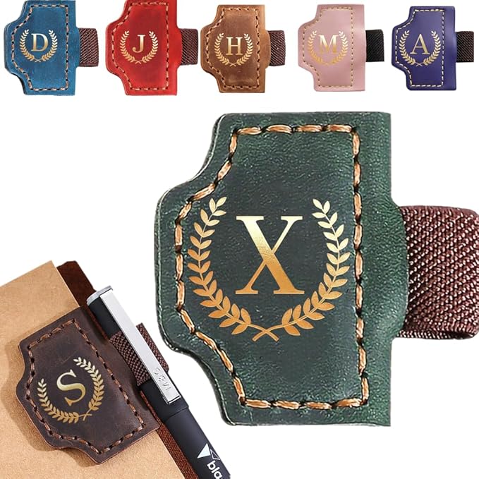 Personalized Mark Bookmark with Pen Holder, Leather Magnetic Book Marker 26 Letters,Custom Initials Page Marks, Gifts for Book Lovers Readers Men Women (Green, X)