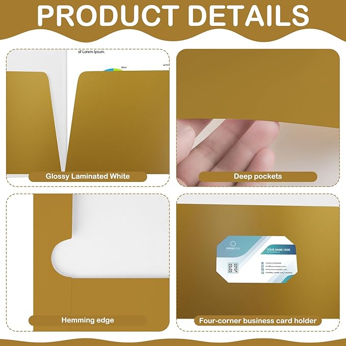 Yeaqee 100 Pack 2 Pockets Glossy Laminated Paper Folder First Day of School Presentation Folder Letter Size Two Pocket File Portfolio Holder Back to School Items Bulk for Teacher Office (Gold)