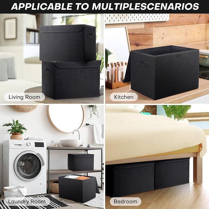 Bagnizer Large 17" 42 Quarts Collapsible Stackable Storage Bins with Lids [3-Pack] Foldable Fabric Linen Storage Boxes Cube, Closet Organizer Baskets with Label (16.7 x 12 x 12, Black)