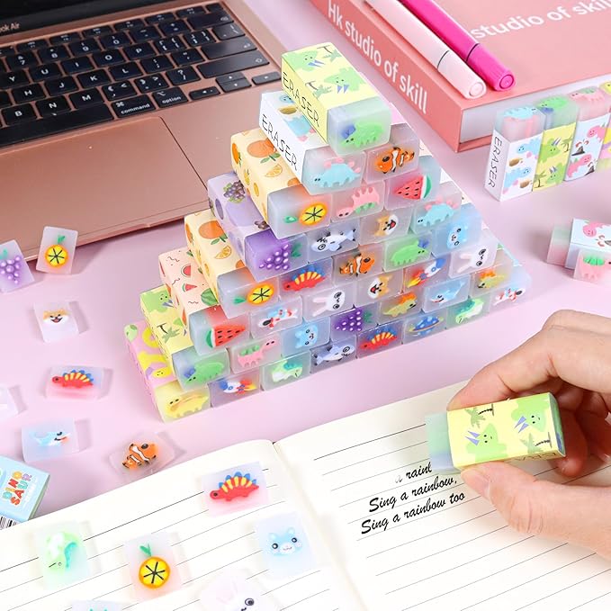 100PCS Cute Animal Erasers for Kids, Count Bulk Pack, Assorted Designs, Back to School Supplies