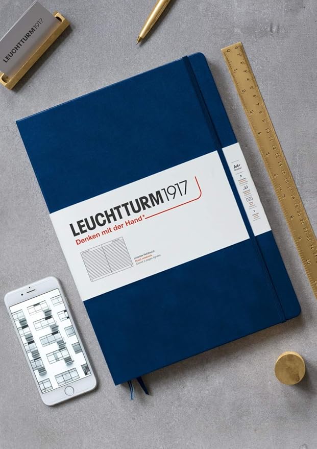 LEUCHTTURM1917 - Notebook Hardcover Master Classic A4+ - 235 Numbered Pages for Writing and Journaling (Navy, Squared)