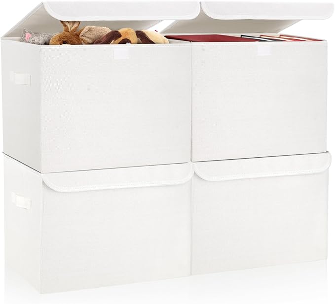 Bagnizer Large 22 Quart Linen Fabric Foldable Storage Bin Cube Organizer Basket with Flip-Top Lid & Handles, Clothes Blanket Box for Home, Office, Closet, White, 4 Pack 14.6 x 9.5 x 9.5”