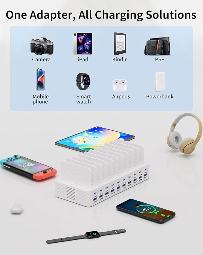 270W Charging Station for Multiple Devices, 20-Port USB Fast Charging Station with Adjustable Dividers & 10 Cables, Multi Device Organizer Charging Dock for iPhone, iPad, Tablets & More