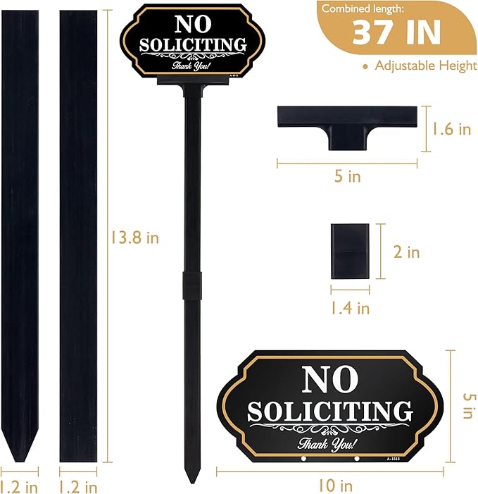 No Soliciting Sign for House with Stake - 40-mil Thick Aluminum - 5x10 Inch/37 Inch High - Adjustable Height - Outdoor Yard Sign for Home and Front Door (A1513)