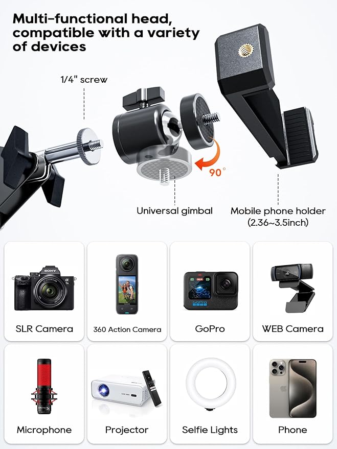 CACENCAN Overhead Camera Mount, 5lb Horizontal Load-Bearing, 360° Adjustable Stand for Desk, Flexible Arm Desk Mount, with Phone Clamp, Tabletop Mount for DSLR Camera/Webcam/Microphone（White