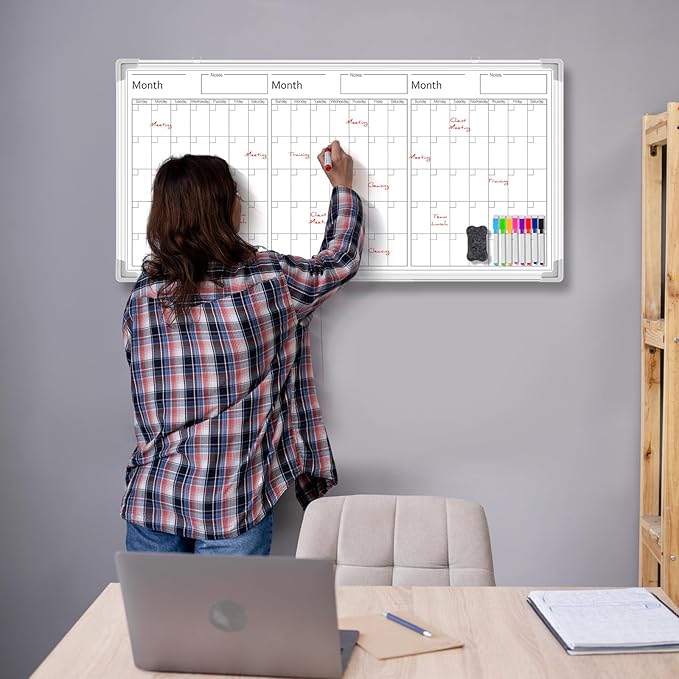 Lincia 36" x 18" Magnetic Horizontal 3 Month Dry Erase Calendar for Wall Undated Dry Erase Wall Calendar Planner Aluminum Frame Whiteboard Calendar for Home Office Projects Wall Fridge