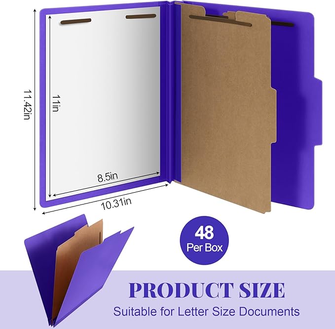 Skyygemm 48 Pcs Classification Folders Letter Size, 1 Divider Pressboard File Folder with Fasteners, Expanding File Organizer Bulk for School Teachers, Office Employee, Coworker, Staff (Purple)