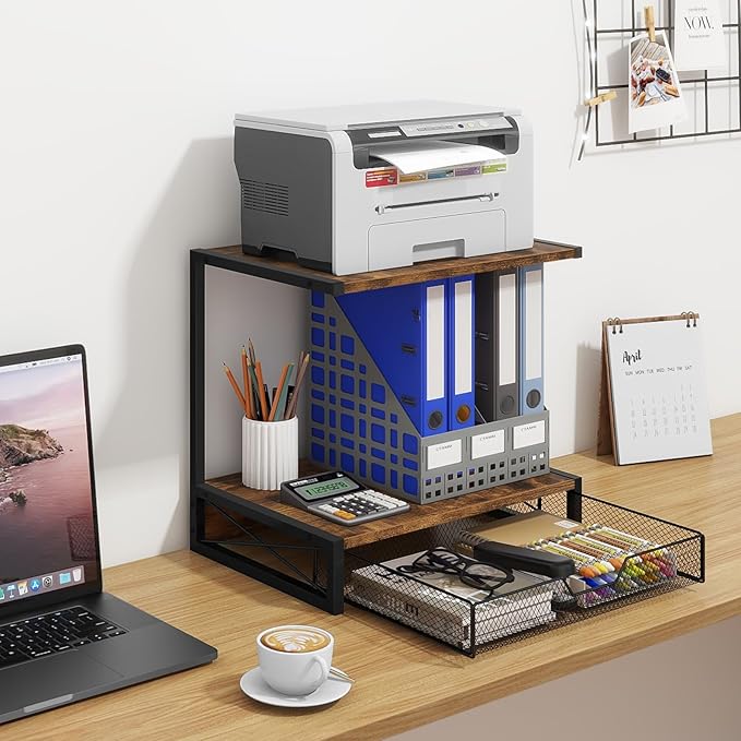 ELITEROO 2-Tier Desktop Printer Stand with Storage Drawer, Wooden Printer Stand for Desk, Small Printer Table with Shelf for Home Office, Fits Fax Machine, Scanner, 3D Printer, Rustic Brown