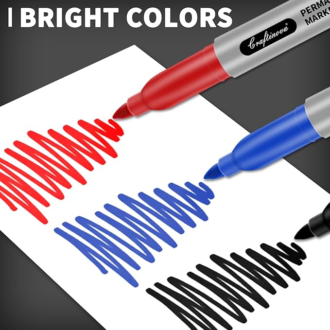 craftinova Fine Point Assorted Colors Permanent Markers Set, Works on Paper, Plastic, Metal, etc., for Adults, Artist, Teacher, Kids, Black, Blue, Red, 15 Count
