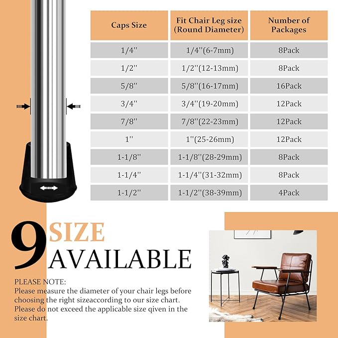 VOCOMO 1/2" Round Rubber Chair Leg Tips Caps, 8 Pack Extra Small Chair Leg Floor Protectors Small Furniture Legs Caps Non Slip Reduce Noise for Hardwood Floors (Black, Fit: 12mm to 13mm)