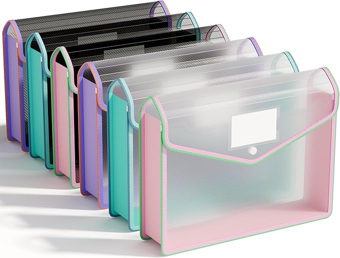 ABC life 6 Pack File Folder, Large Capacity Folders for Documents, Document Folder with Snap Closure, Color-Bordered Expanding File Folders, Folder Organizer Fit Letter/A4 Size - Clear Black