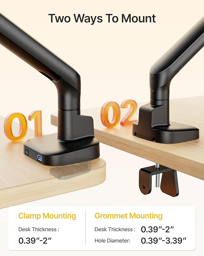 monTEK Single Monitor Arm with USB, Mechanical Spring Monitor Arm for 17-40" Screens, Adjustable Monitors Desk Mount Holds up to 24.2 lbs with C Clamp/Grommet Desk Mount, VESA 75/100mm, MA1011UCBK